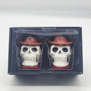 Halloween Cowboy Skeleton Skull Salt Pepper Shakers Western Ceramic NEW